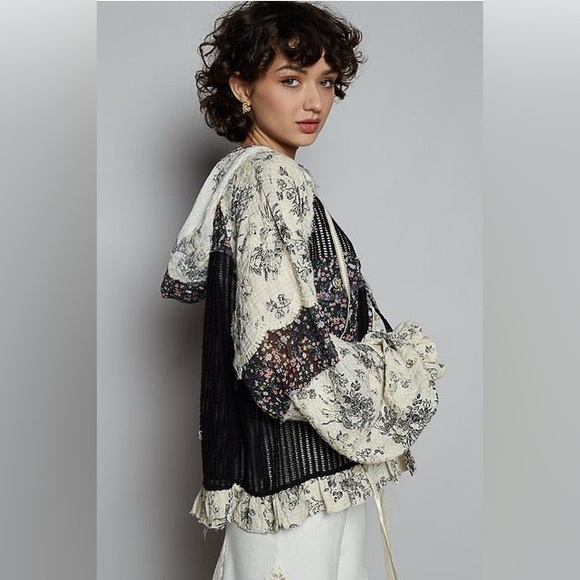 Balloon Sleeve Floral Contrast Crochet & Gauze Jacket - POL - Picture 3 of 5